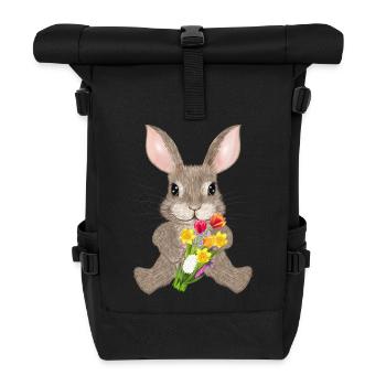 brown rabbit with spring flowers bouquet - Roll Top Backpack - black - Front