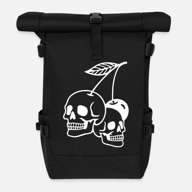 Dark Cherry Skull Illustration - Roll Top Backpack - black