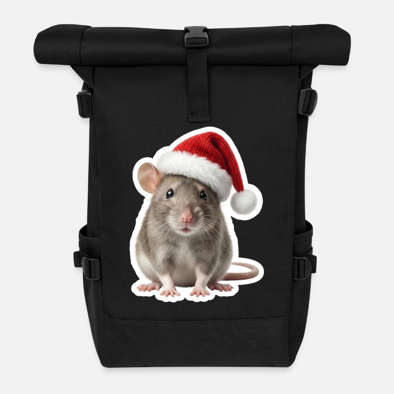 Clever rat with red Christmas hat - Roll Top Backpack - black