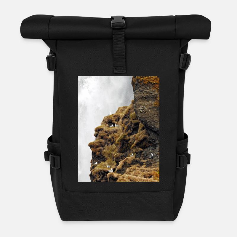 Seevögel, die auf der Klippe nahe dem Wasserfall sitzen, sitzen - Rolltop Rucksack - Schwarz