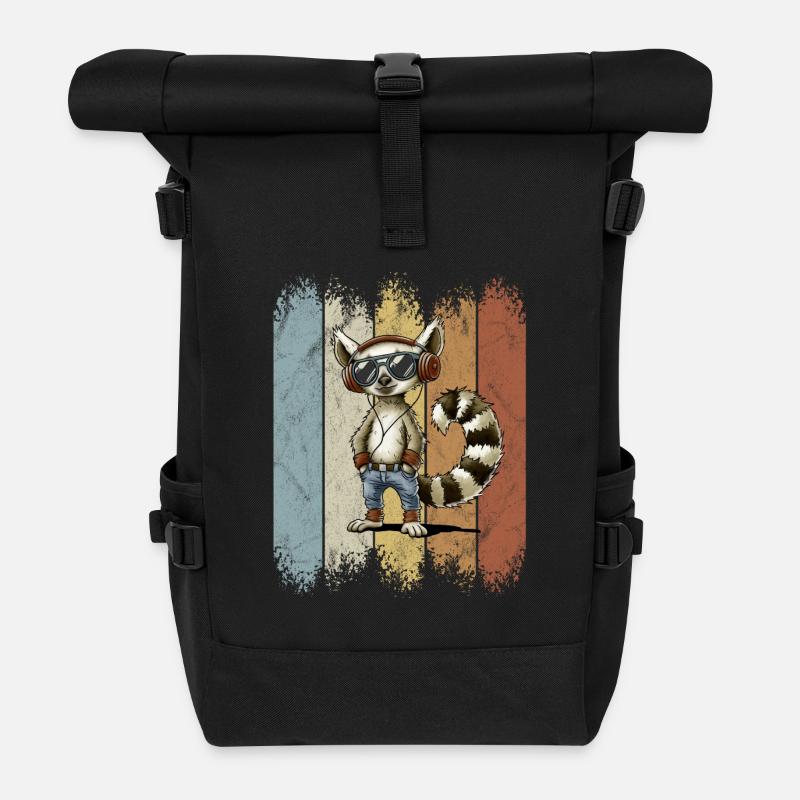 Retro lässiger Lemur mit Kopfhörer & Sonnenbrille - Rolltop Rucksack - Schwarz