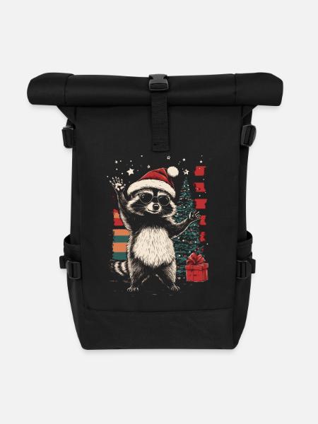 Waschbär mit Sonnenbrille und Weihnachtsmütze - Rolltop Rucksack - Schwarz