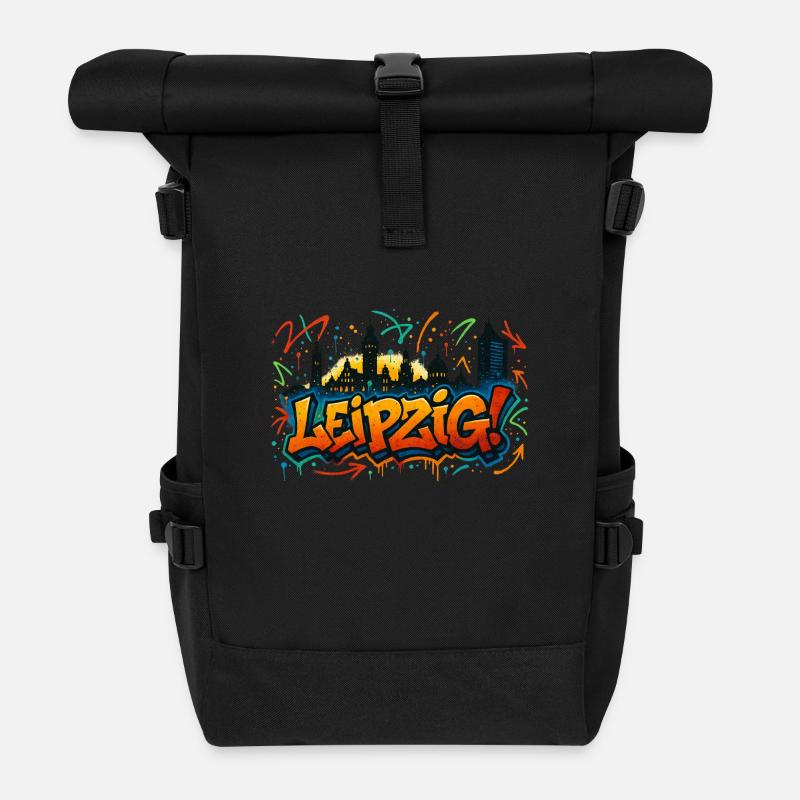 Graffiti Leipzig Skyline - Rolltop Rucksack - Schwarz