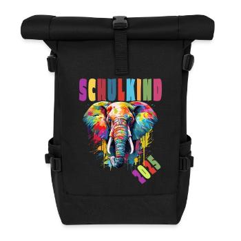 Schulkind 2025 - Einschulung - Bunter Elefant - Rolltop Rucksack - Schwarz - Vorne