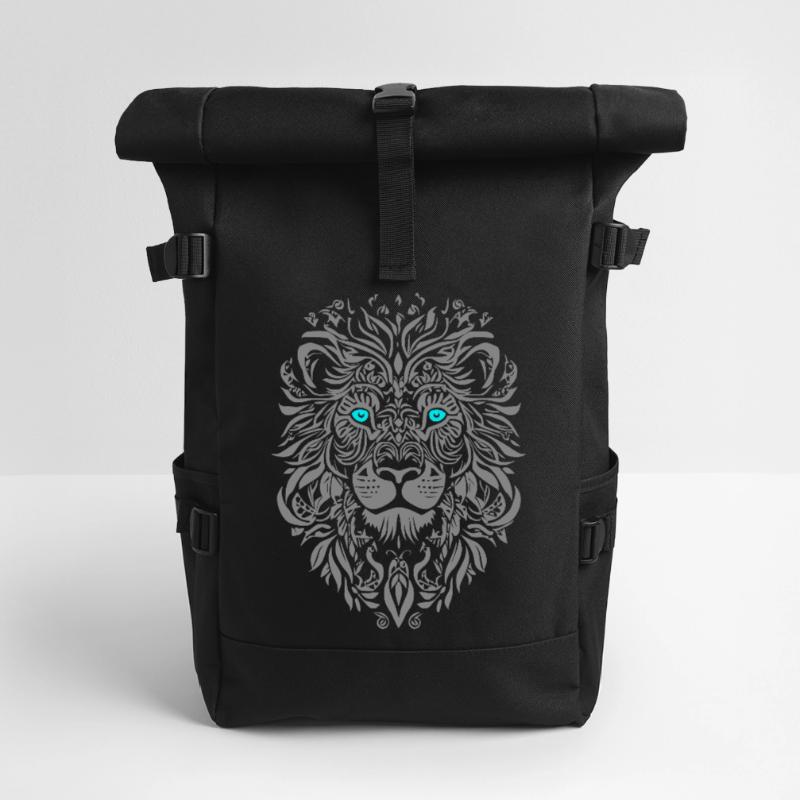 Silver lion with blue eyes and leaf pattern Roll Top Backpack