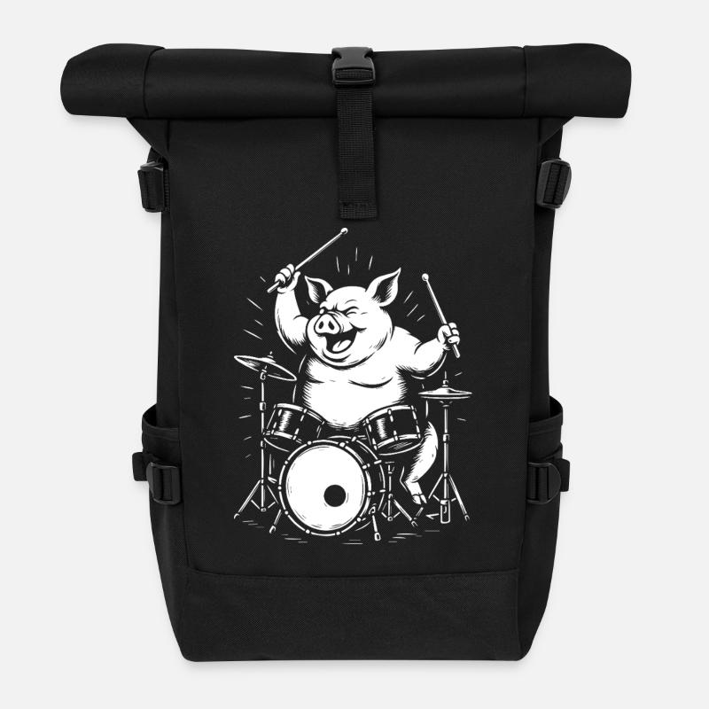Funny Pig spielt Schlagzeug - Rolltop Rucksack - Schwarz