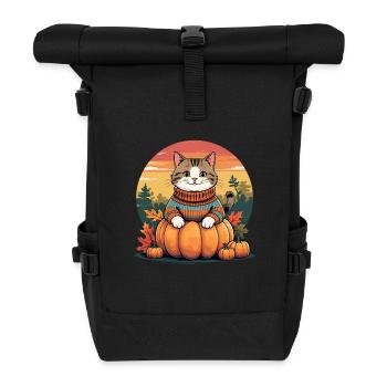 Herbstkatze auf Kürbis – cozy & cute - Rolltop Rucksack - Schwarz - Vorne