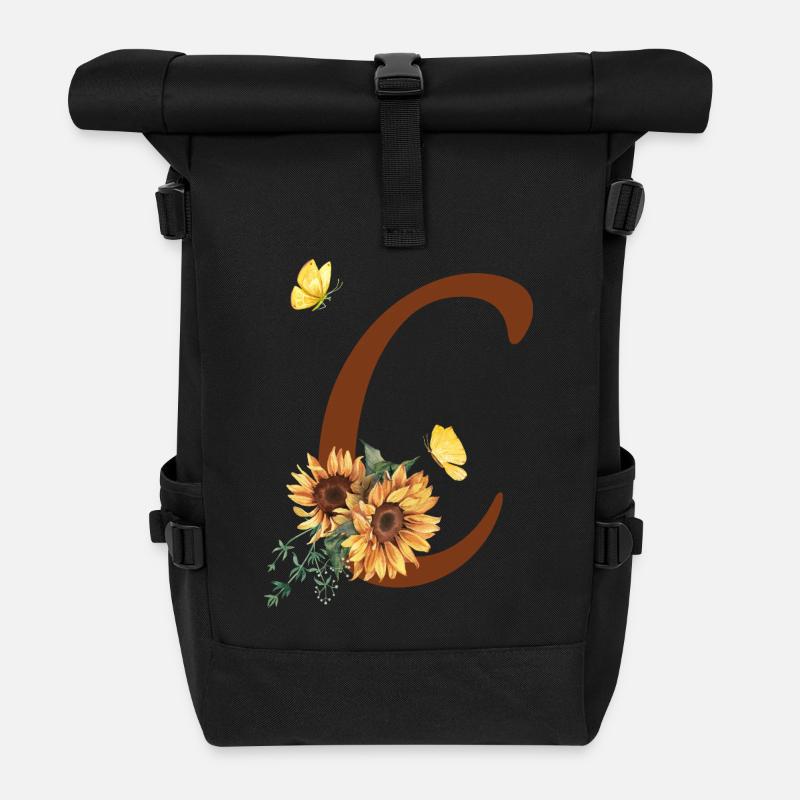Lettre c tournesol papillon - Sac à dos roll top - noir