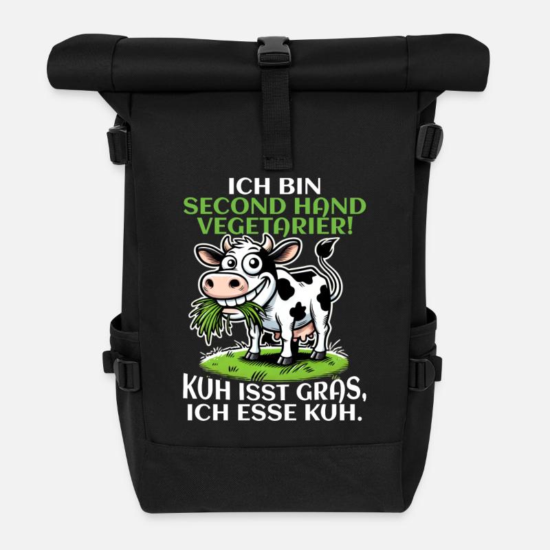 Ich bin Second Hand Vegetarier - Kuh Meme - Rolltop Rucksack - Schwarz