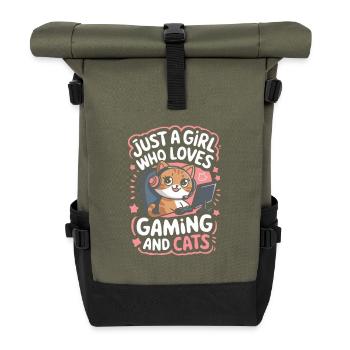 Gaming Computer Console Girl Cat - Roll Top Backpack - olive/black - Front