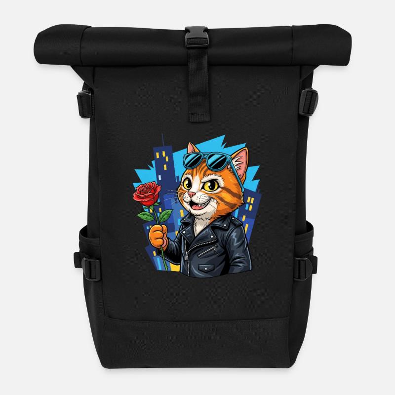 Cool Cat with Rose – Charm Offensive! - Roll Top Backpack - black