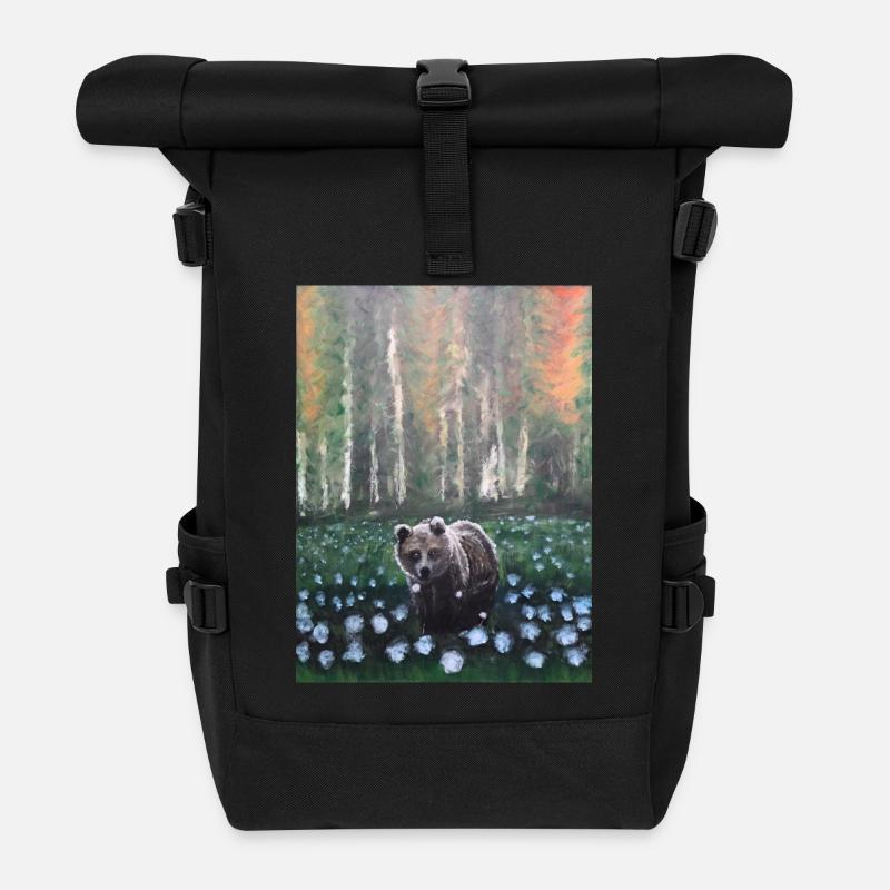 Bear in Snowy Forest Scene - Roll Top Backpack - black