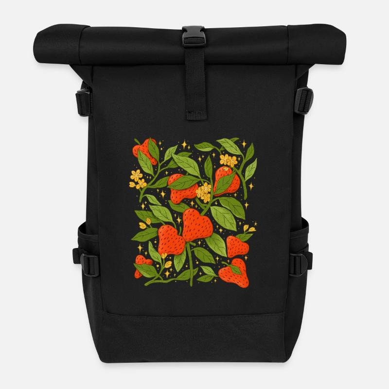 Strawberry and flowers botanical artistic - Roll Top Backpack - black