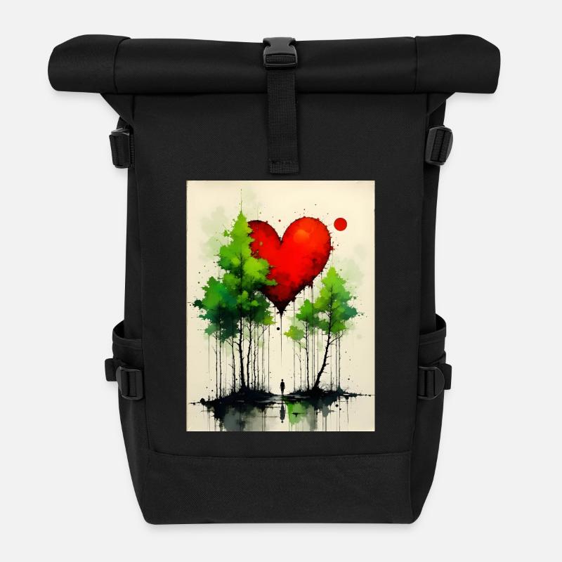 Heart in the Forest Watercolors - Roll Top Backpack - black