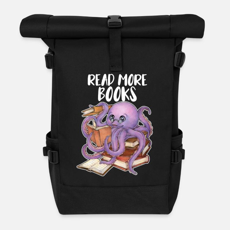 Lesender Oktopus im Bücherstapel Buch Geschenk - Rolltop Rucksack - Schwarz