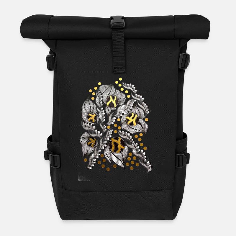 Botanische Blüten mit Goldakzenten - Rolltop Rucksack - Schwarz