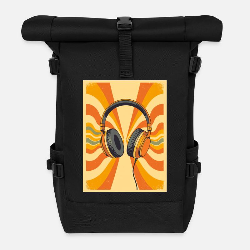 Warme Retro-Kopfhörer mit groovy Circular Vibrati - Rolltop Rucksack - Schwarz