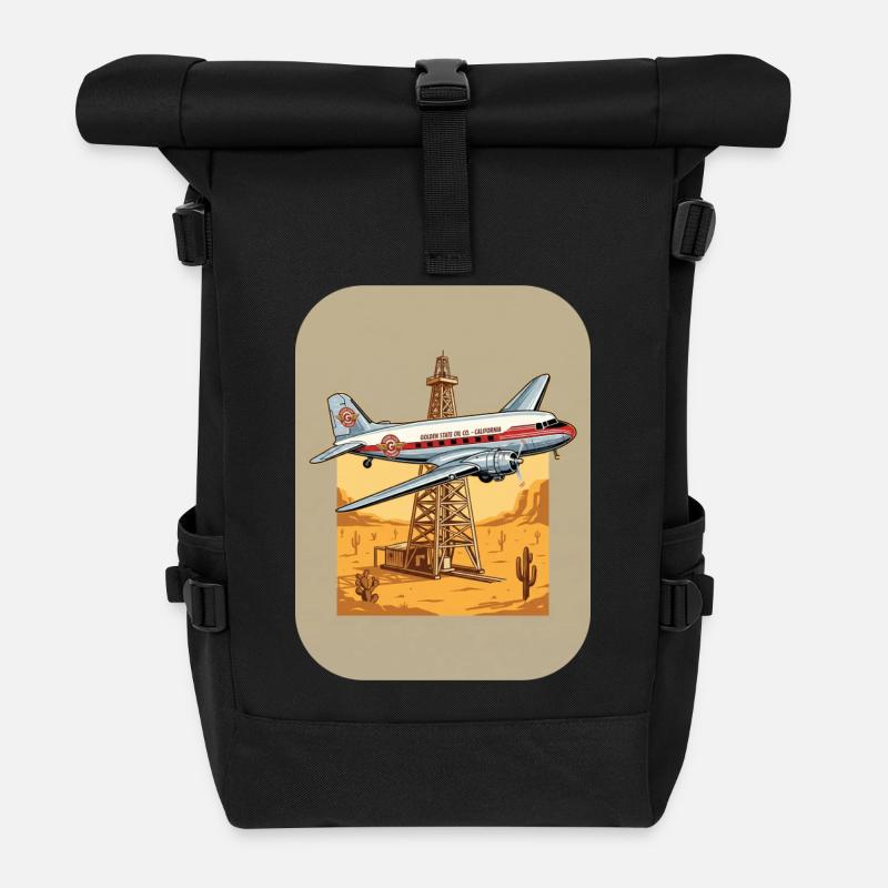 Vintage airplane over oil rig desert - Roll Top Backpack - black