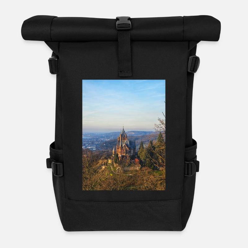 Schloss Drachenburg am Hang im Abendlicht  - Rolltop Rucksack - Schwarz