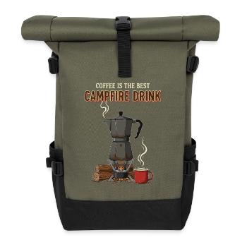 Camping Café Humor Zitat Kaffee Lagerfeuergetränk - Rolltop Rucksack - Olive/Schwarz - Vorne
