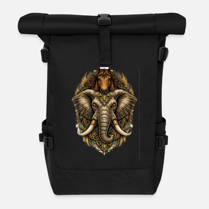 Ornamental Elephant-Horse Medallion - Roll Top Backpack - black