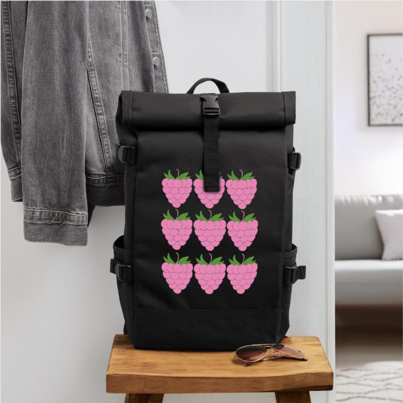 Raspberry Grid Pattern Roll Top Backpack