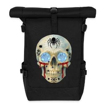 T-Shirt-Design mit Schädel mit Spinnen und Diamantaugen - Rolltop Rucksack - Schwarz - Vorne