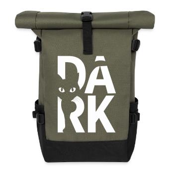 Dunkles Design mit schwarzer Katze und Typografie - Rolltop Rucksack - Olive/Schwarz - Vorne