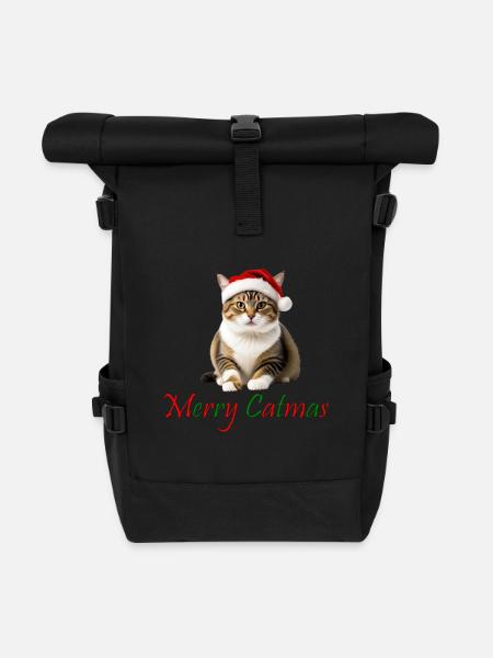 Merry Catmas Design Christmas with Cute Cat - Roll Top Backpack - black