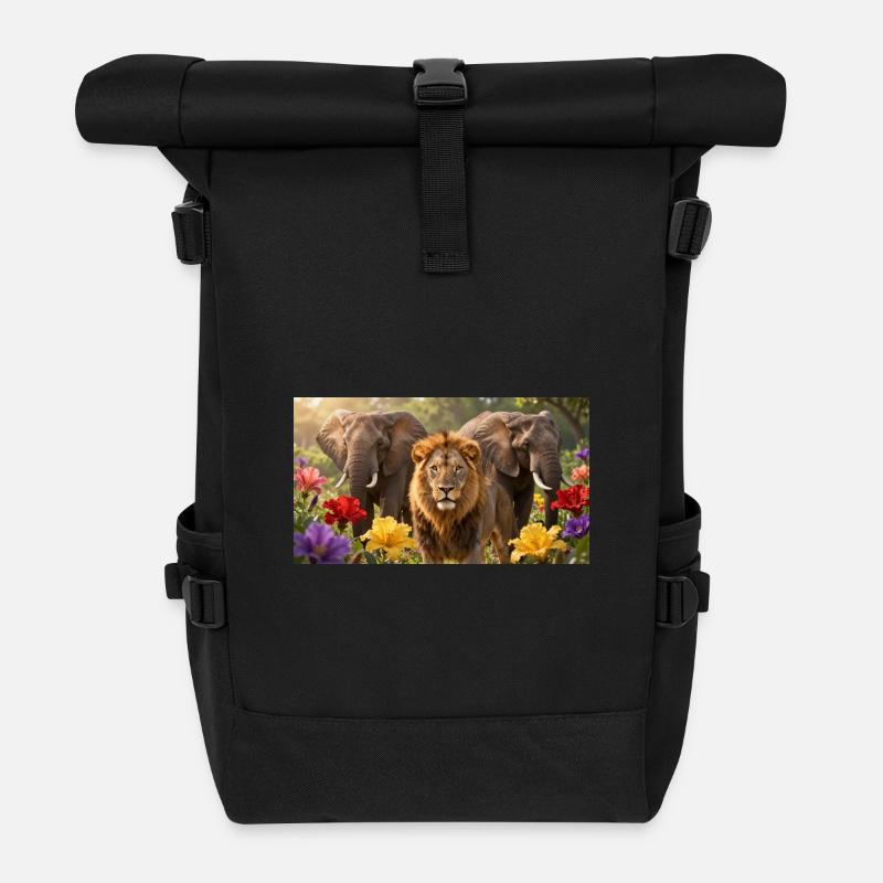 Löwenreigen und Elefanten im Blütenfeld - Rolltop Rucksack - Schwarz