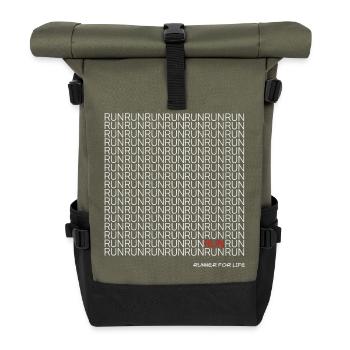 Run Run Run pattern with red accent - Roll Top Backpack - olive/black - Front