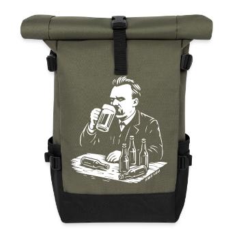 Friedrich Nietzsche drinking Beer illustration  - Roll Top Backpack - olive/black - Front