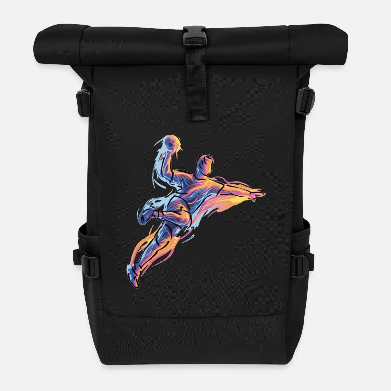 Dynamischer Handball Sprungwurf in Neon Flammen - Rolltop Rucksack - Schwarz