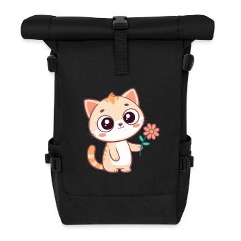 Kawaii-Katze und Pastellblume - Rolltop Rucksack - Schwarz - Vorne