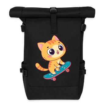 Kawaii-Kätzchen auf Skateboard - Rolltop Rucksack - Schwarz - Vorne