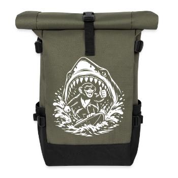 Surfing Monkey in Shark Wave - Roll Top Backpack - olive/black - Front