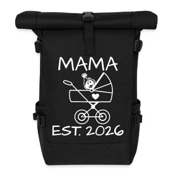 Mama est. 2026 – Süßer Kinderwagen mit Baby - Rolltop Rucksack - Schwarz - Vorne