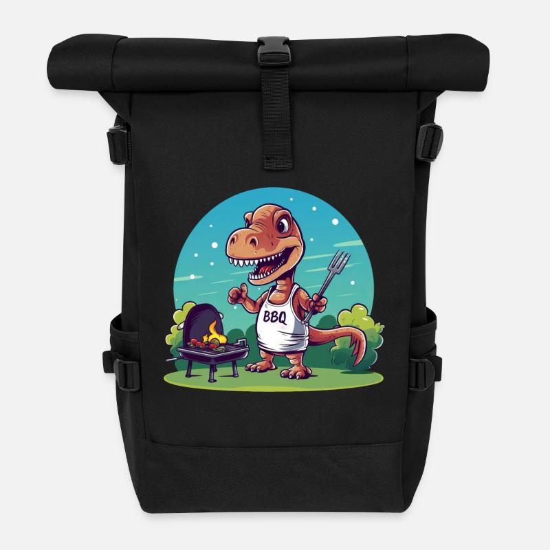 Cute Comic Dino beim Grillfest - Rolltop Rucksack - Schwarz