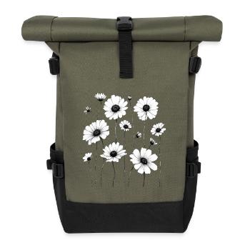 Schwarz-Weiß-Blumen – Minimalismus - Rolltop Rucksack - Olive/Schwarz - Vorne