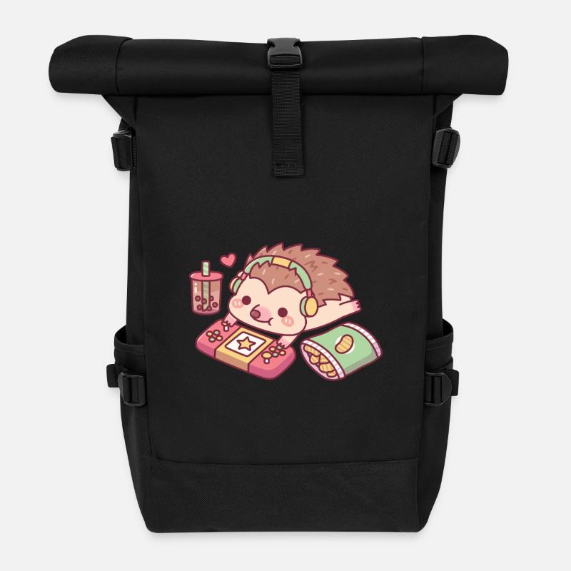 Süßer Igel Relax Gamer Mit Boba Und Snack - Rolltop Rucksack - Schwarz