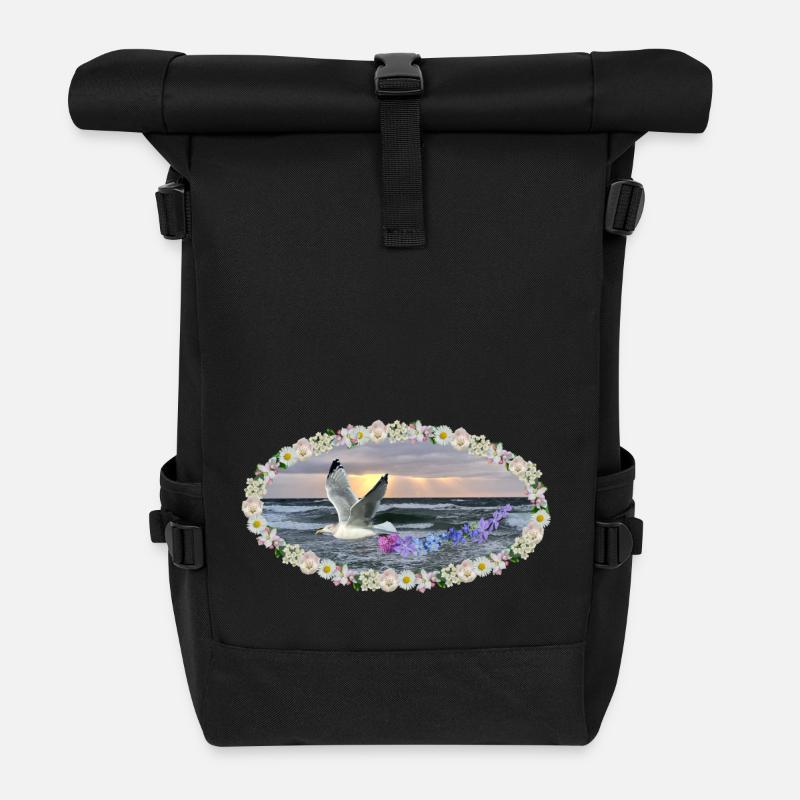Meer Blüten Kunst Möwe sunset Jugendstil dark - Rolltop Rucksack - Schwarz
