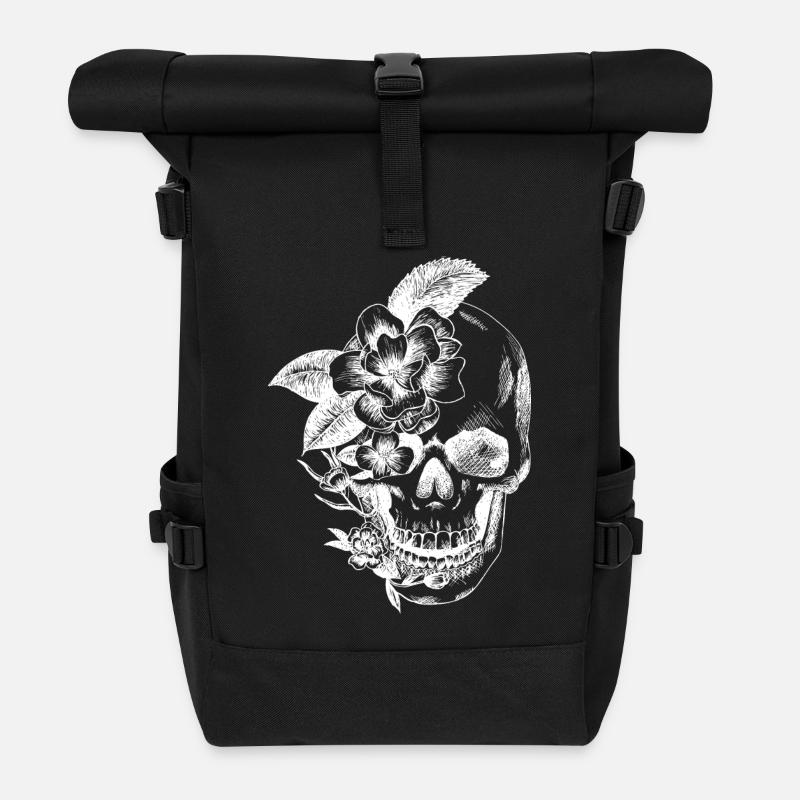 Schädel und Blumen - Rolltop Rucksack - Schwarz