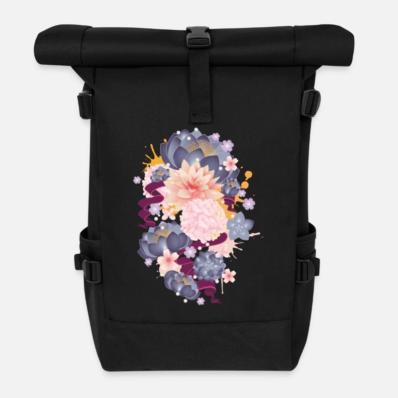Composition des nénuphars, hortensias et plantes succulentes - Sac à dos roll top - noir