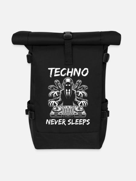 Techno never sleeps – Cooles DJ Design - Rolltop Rucksack - Schwarz