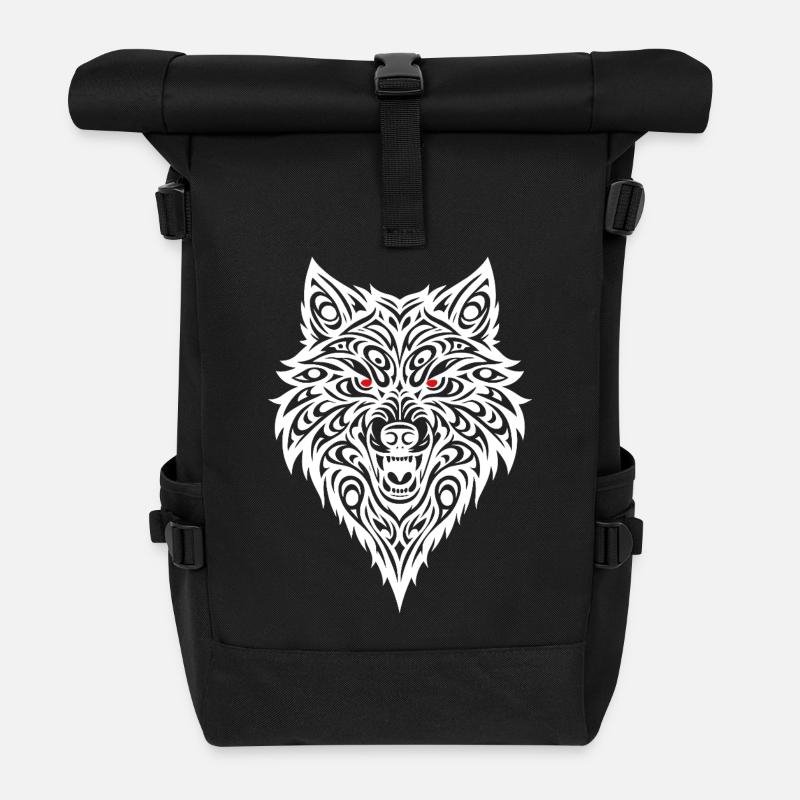 Embossed wolf head with tribal pattern - Roll Top Backpack - black