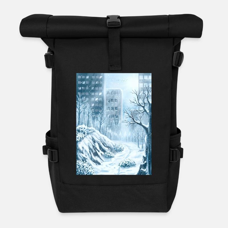 Snowy Winter Blue Town - Roll Top Backpack - black