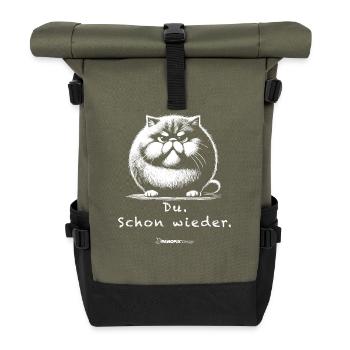 Fat, grouchy cat / tomcat | "Du. Schon wieder." - Roll Top Backpack - olive/black - Front