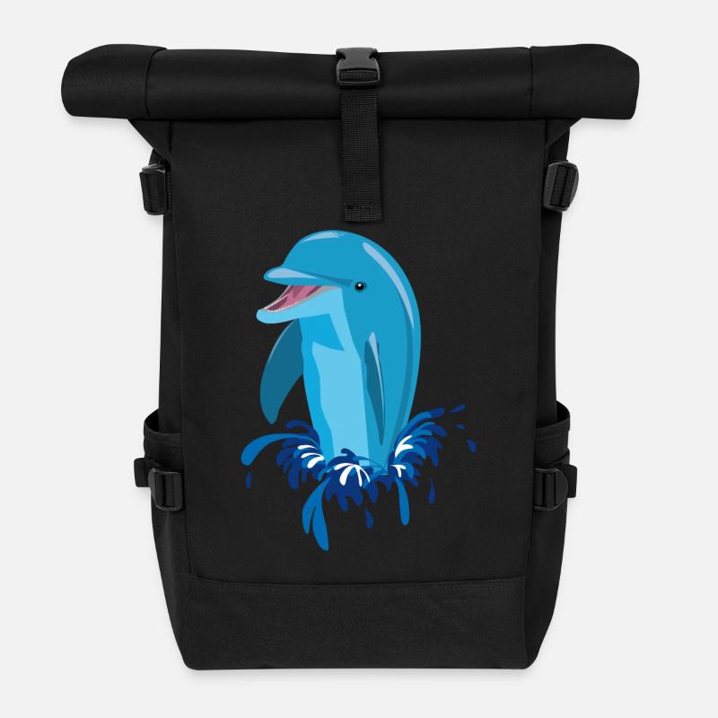 Delphin blau lachend - Rolltop Rucksack - Schwarz