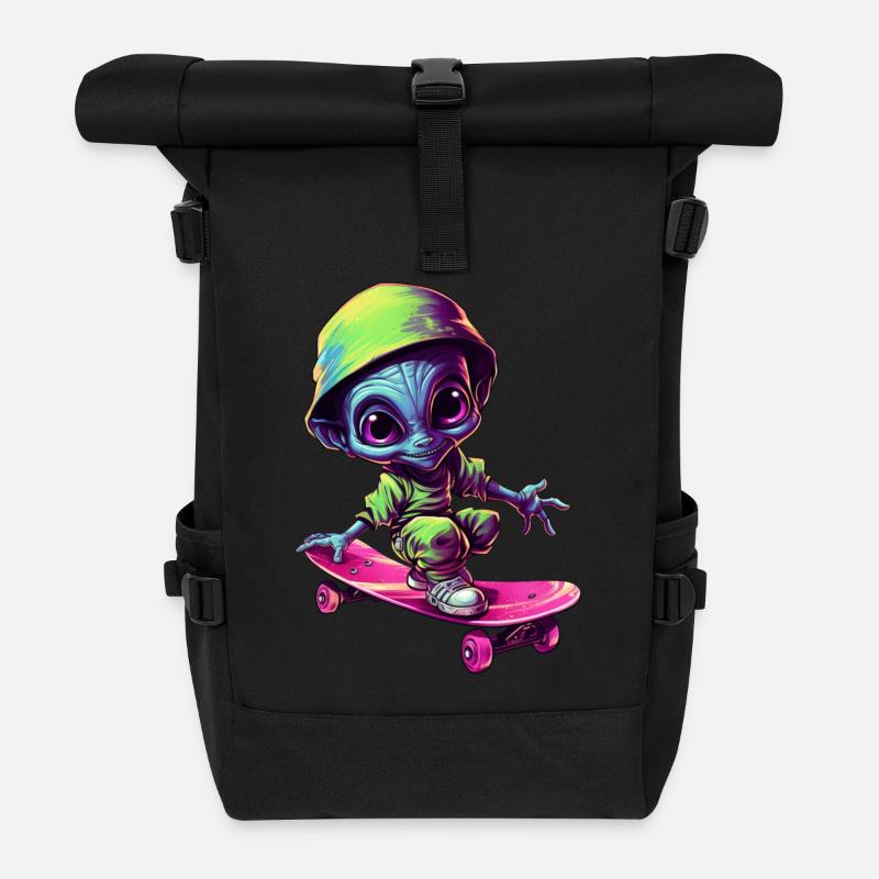 Blau-Pinker Alien Skateboarder: Kosmische Tricks - Rolltop Rucksack - Schwarz