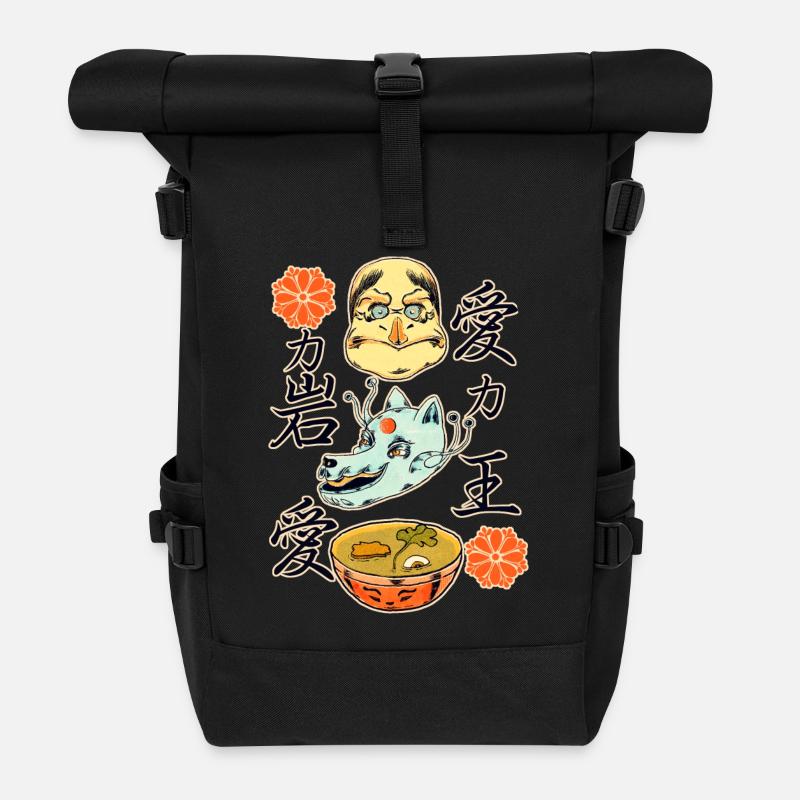 Kitsune und Ramen_ dunkle Materialien - Rolltop Rucksack - Schwarz